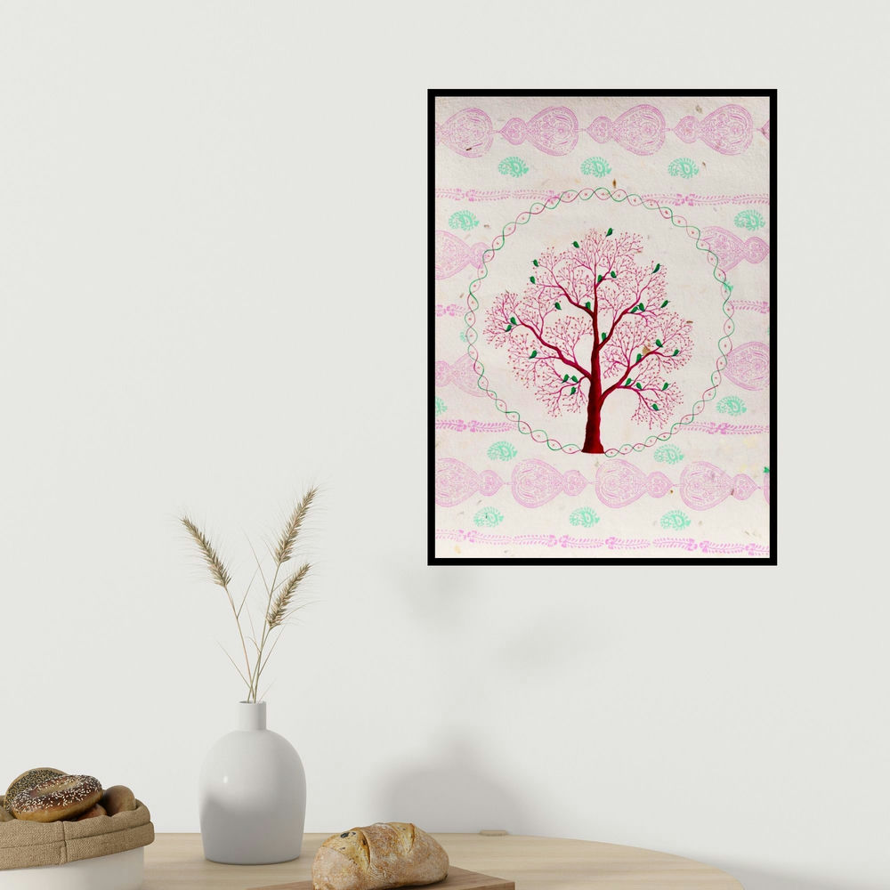 Sumit Mehndiratta's 'Chamnavrit (Arboreal Abundance)' painting visualized above a sofa in a contemporary room.