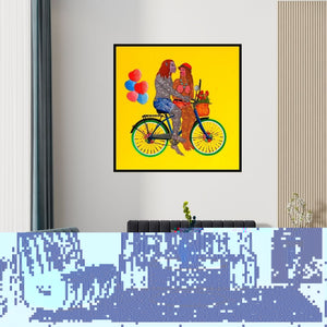 Preview of 'Chand Ke Paar Chalo (A Monkey's Love Story)' Painting by Bandana Kumari shown on a wall in a furnished room.