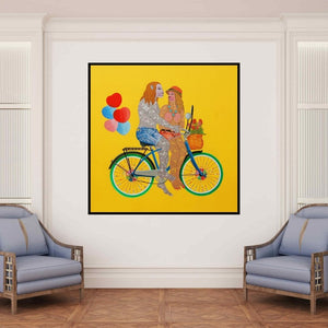 In-situ view of Bandana Kumari's 'Chand Ke Par Chalo (A Whimsical Ride)' painting in a room