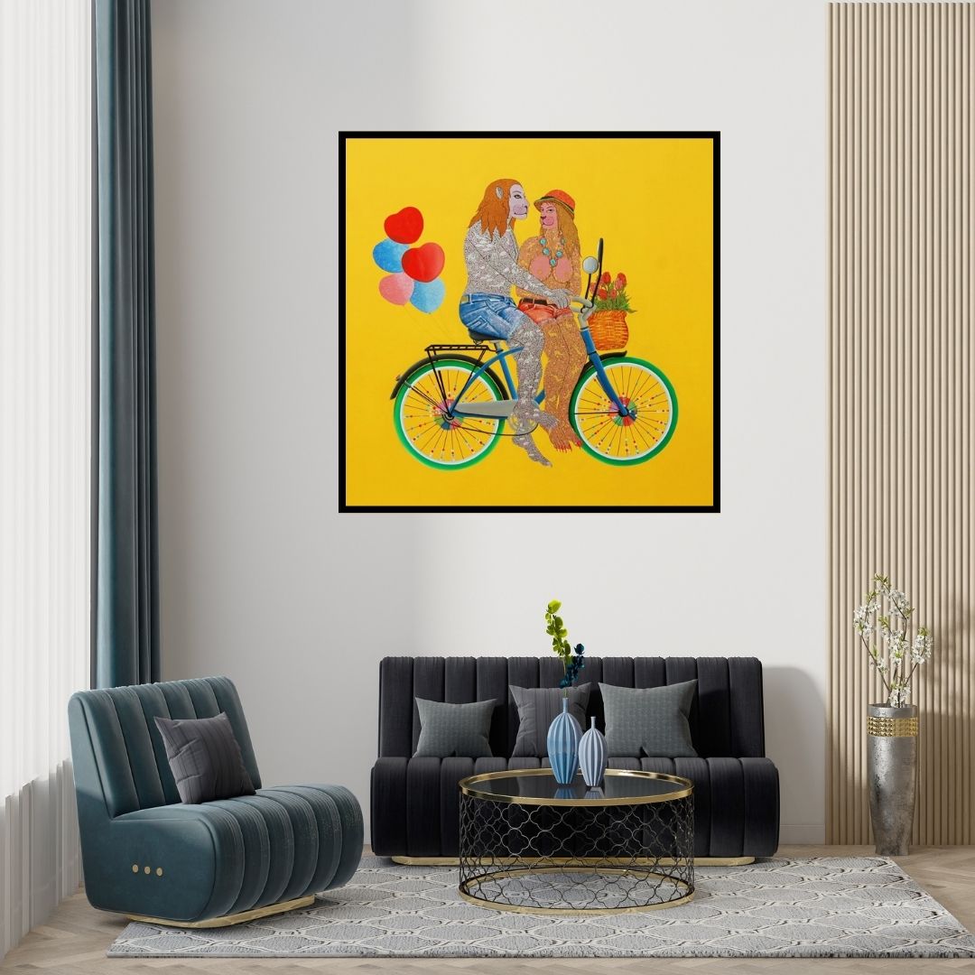 Bandana Kumari's 'Chand Ke Par Chalo (A Whimsical Ride)' Painting visualized above a sofa in a contemporary room