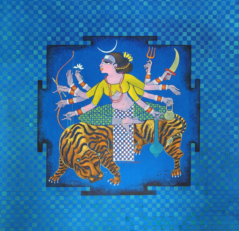 'Chandraghanta' religious mixed-media painting by artist Yojana Dehankar, 22x22 inch, on paper