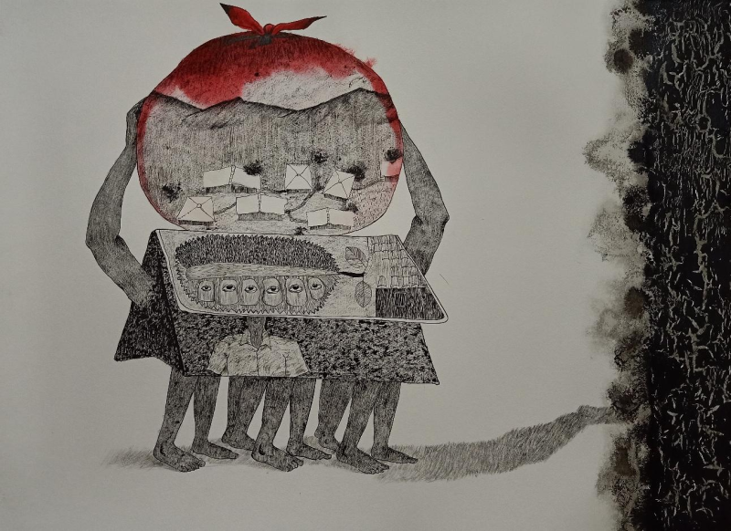 Changing Homelands' contemporary mixed-media painting by artist Ashwin Khapare, 22x30 inch, on paper