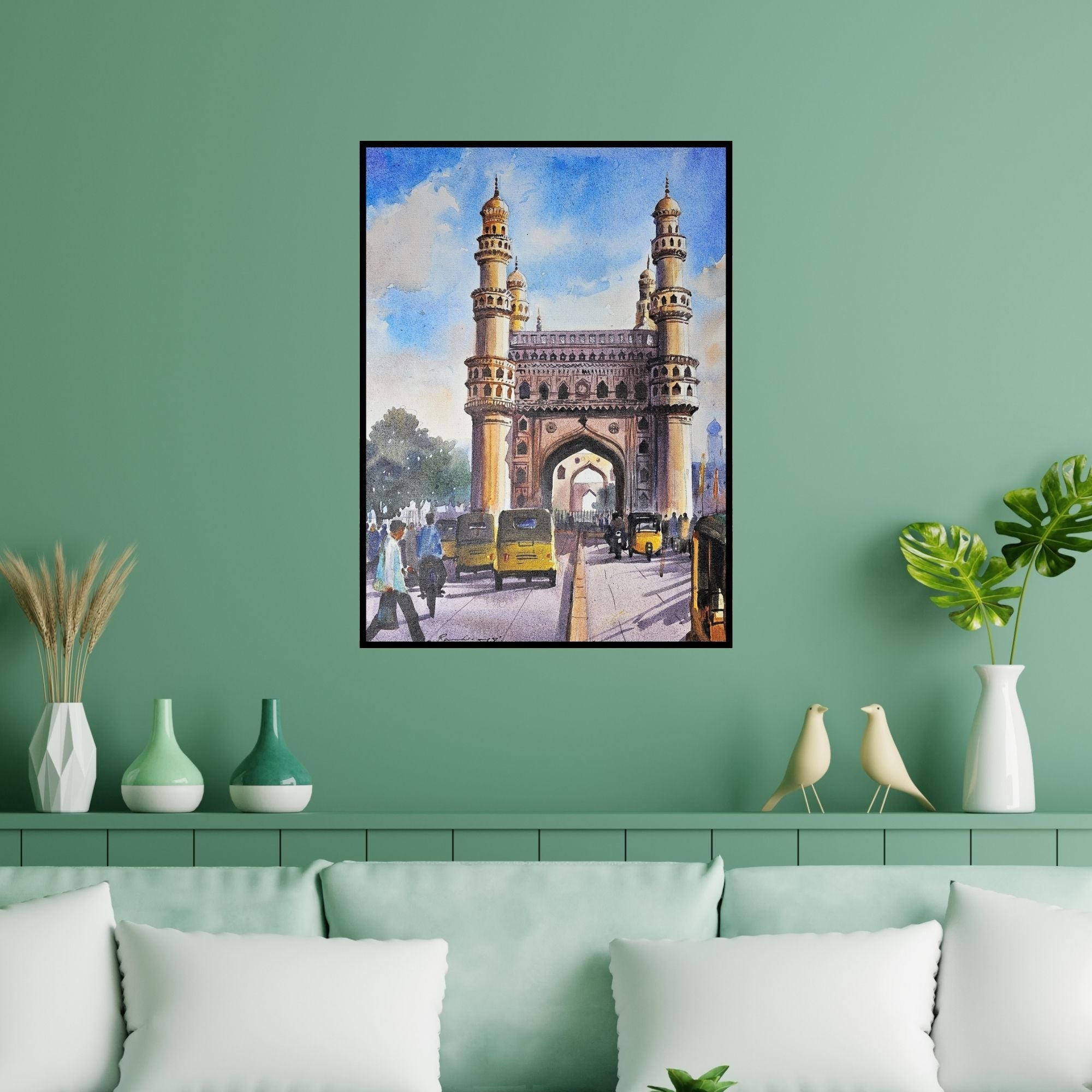 Preview of 'Char Minar Hyderabad (Iconic Charminar**)' Painting by Ranabir Saha shown on a wall in a furnished room.