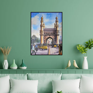 Preview of 'Char Minar Hyderabad (Iconic Charminar**)' Painting by Ranabir Saha shown on a wall in a furnished room.