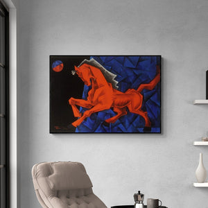 In-situ view of Dinkar Jadhav's 'Charging Ahead In My Dream' painting in a room