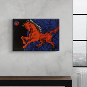 Preview of 'Charging Ahead In My Dream' Painting by Dinkar Jadhav shown on a wall in a furnished room.