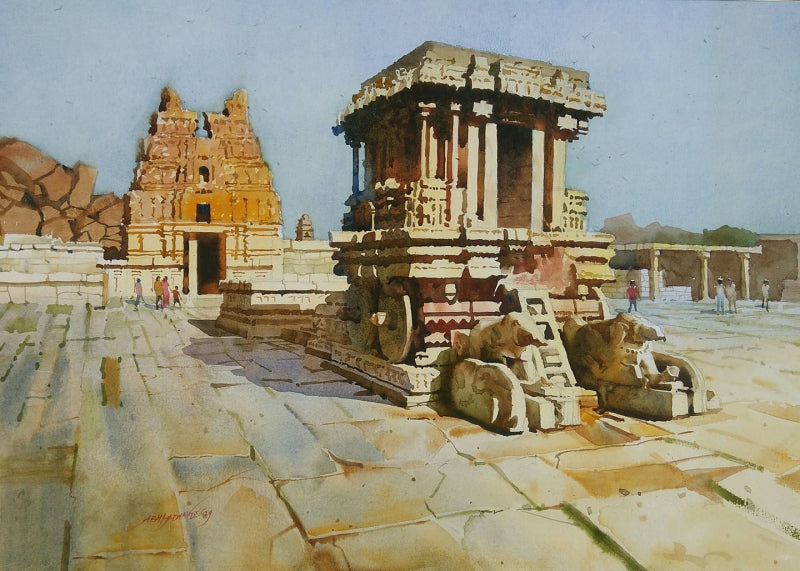 'Chariot At Afternoon' religious watercolor painting by artist Abhijit Jadhav, 24x30 inch, on paper