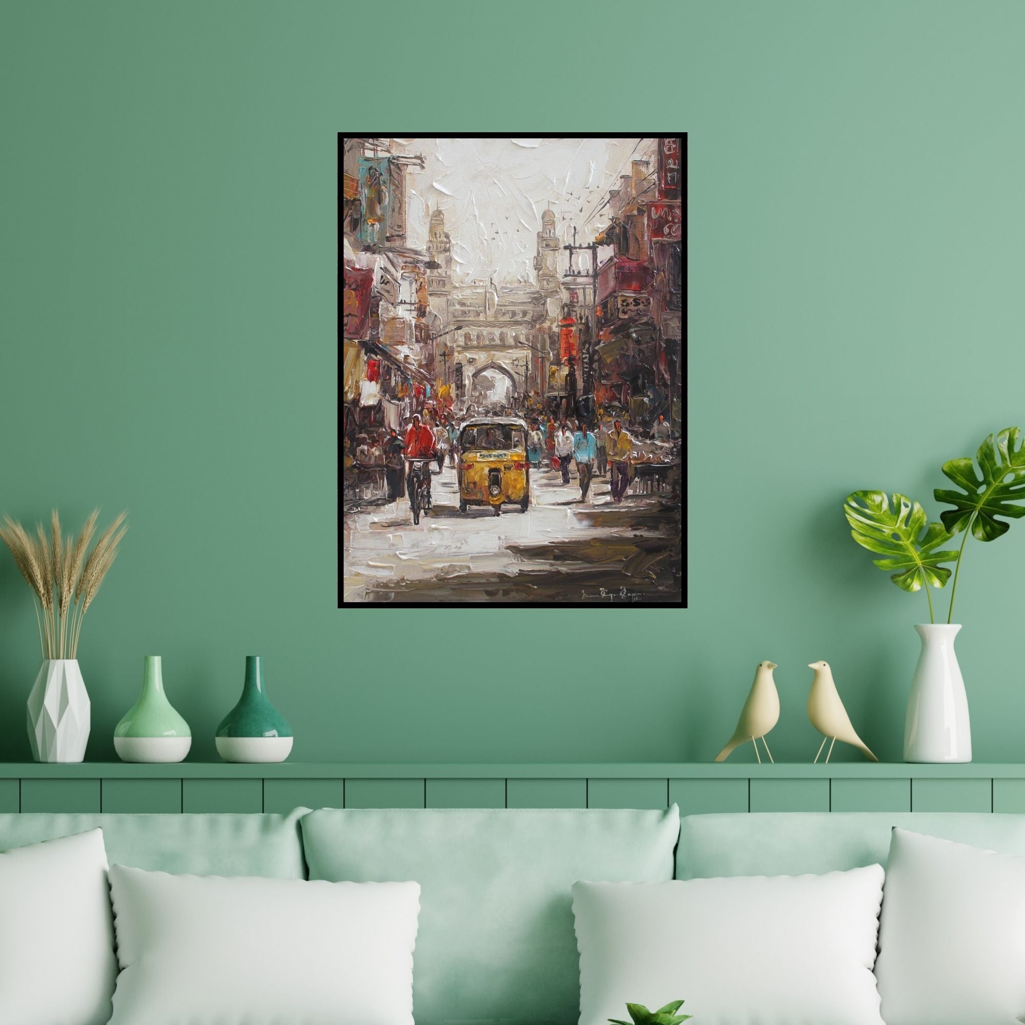 Preview of 'Charminar 2' Painting by Iruvan Karunakaran shown on a wall in a furnished room.