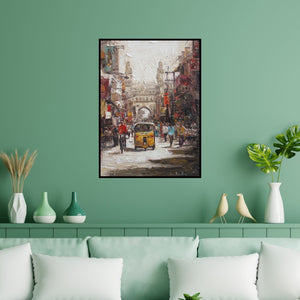 Preview of 'Charminar 2' Painting by Iruvan Karunakaran shown on a wall in a furnished room.