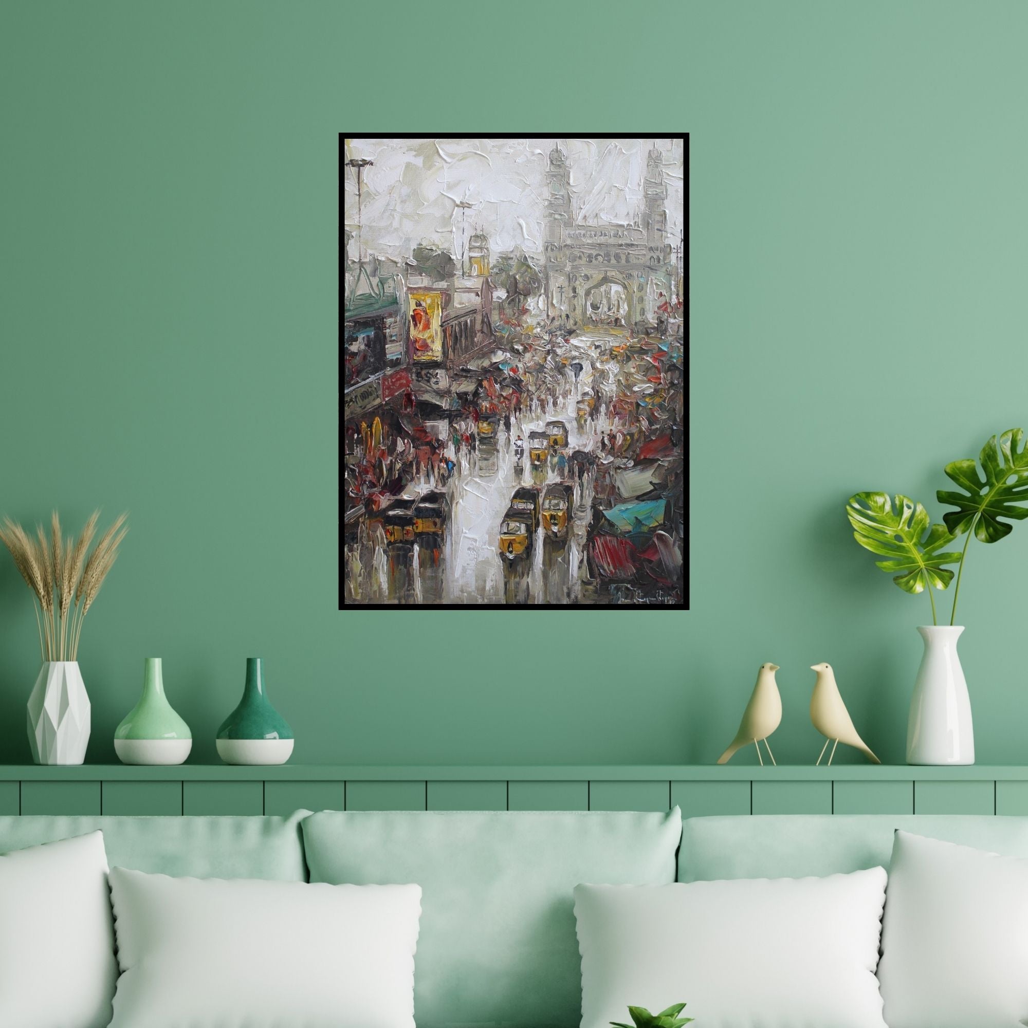 Preview of 'Charminar 3 (Charminar, Hyderabad)' Painting by Iruvan Karunakaran shown on a wall in a furnished room.