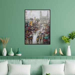 Preview of 'Charminar 3 (Charminar, Hyderabad)' Painting by Iruvan Karunakaran shown on a wall in a furnished room.
