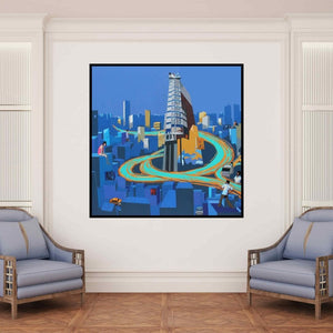 In-situ view of Abhijit Paul's 'Charming The City (Sky High Dreams)' painting in a room