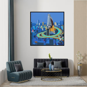Abhijit Paul's 'Charming The City (Sky High Dreams)' Painting visualized above a sofa in a contemporary room