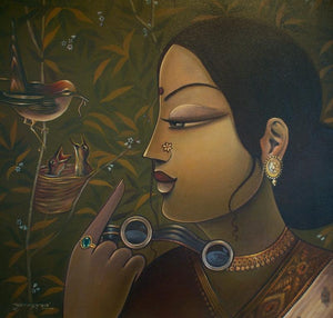 Figurative acrylic painting titled 'Charulata', 24x24 inches, by artist Sumon Naskar on Canvas