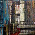 Realistic oil painting titled 'Chat In Temple Courtyard', 96x72 inches, by artist Suruchi Jamkar on Canvas