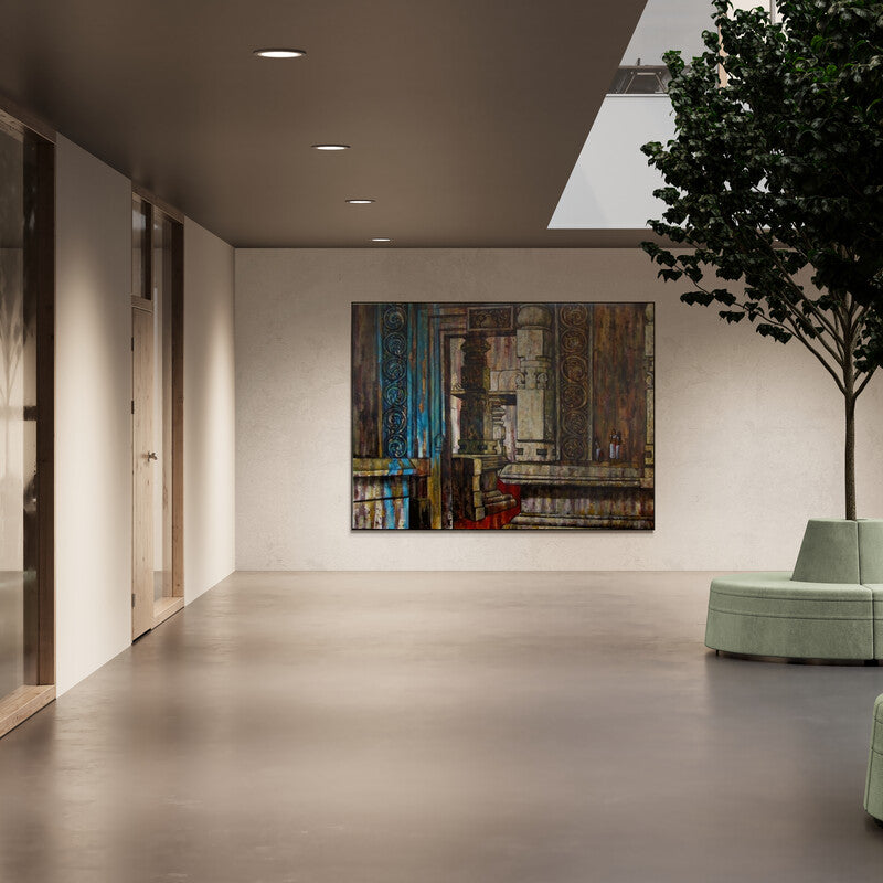 In-situ view of Suruchi Jamkar's 'Chat In Temple Courtyard' painting in a room