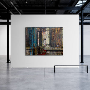 Suruchi Jamkar's painting 'Chat In Temple Courtyard' displayed in a modern living room setting