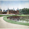 Cityscape watercolor painting titled 'Chateau De Chantilly France', 7x11 inches, by artist Arunava Ray on Paper