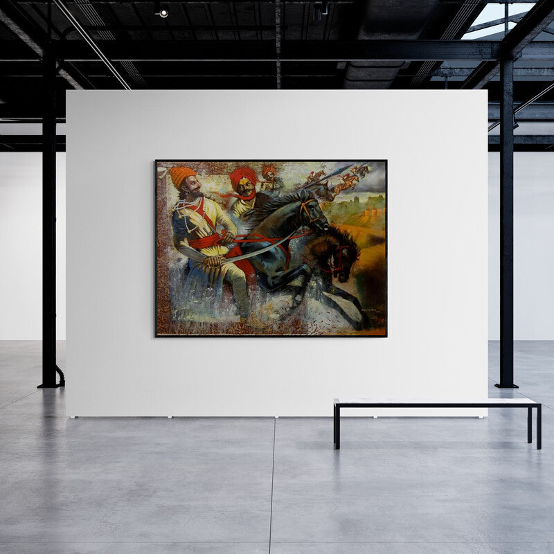 In-situ view of Vijay Gille's 'Chatrapati Shivaji Maharaj And Mavla (A Fierce Encounter)' painting in a room
