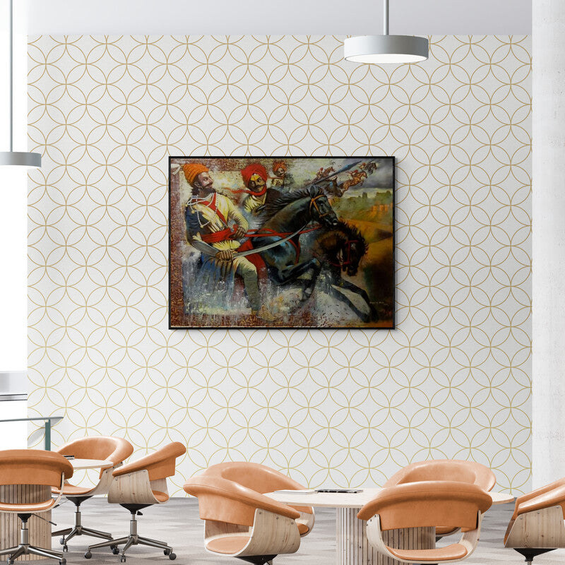 Vijay Gille's painting 'Chatrapati Shivaji Maharaj And Mavla (A Fierce Encounter)' displayed in a modern living room setting