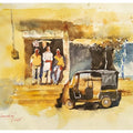 Cityscape watercolor painting titled 'Chatting', 14x10 inches, by artist Soven Roy on Handmade Paper
