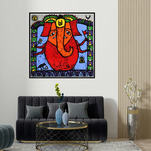 Madhvi Parekh's 'Chaturbhuj (Ganesha with Devotees)' painting visualized above a sofa in a contemporary room.