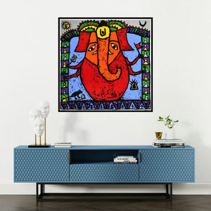 'Chaturbhuj (Ganesha with Devotees)' painting by Madhvi Parekh shown on a wall in a furnished room.