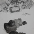 Still-life mixed media drawing titled 'Check In', 21x14 inches, by artist Loretti Pinto on Paper