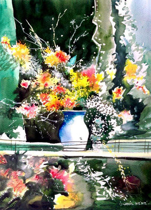 Cheers by Anil Nene, Original Watercolor Landscape Painting on Paper, Small Vertical Wall Art