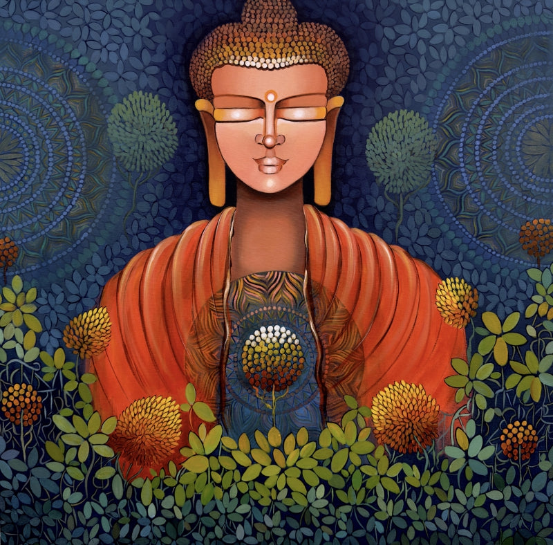 Chetna' religious acrylic painting by artist Nitu Chhajer, 36x36 inch, on canvas