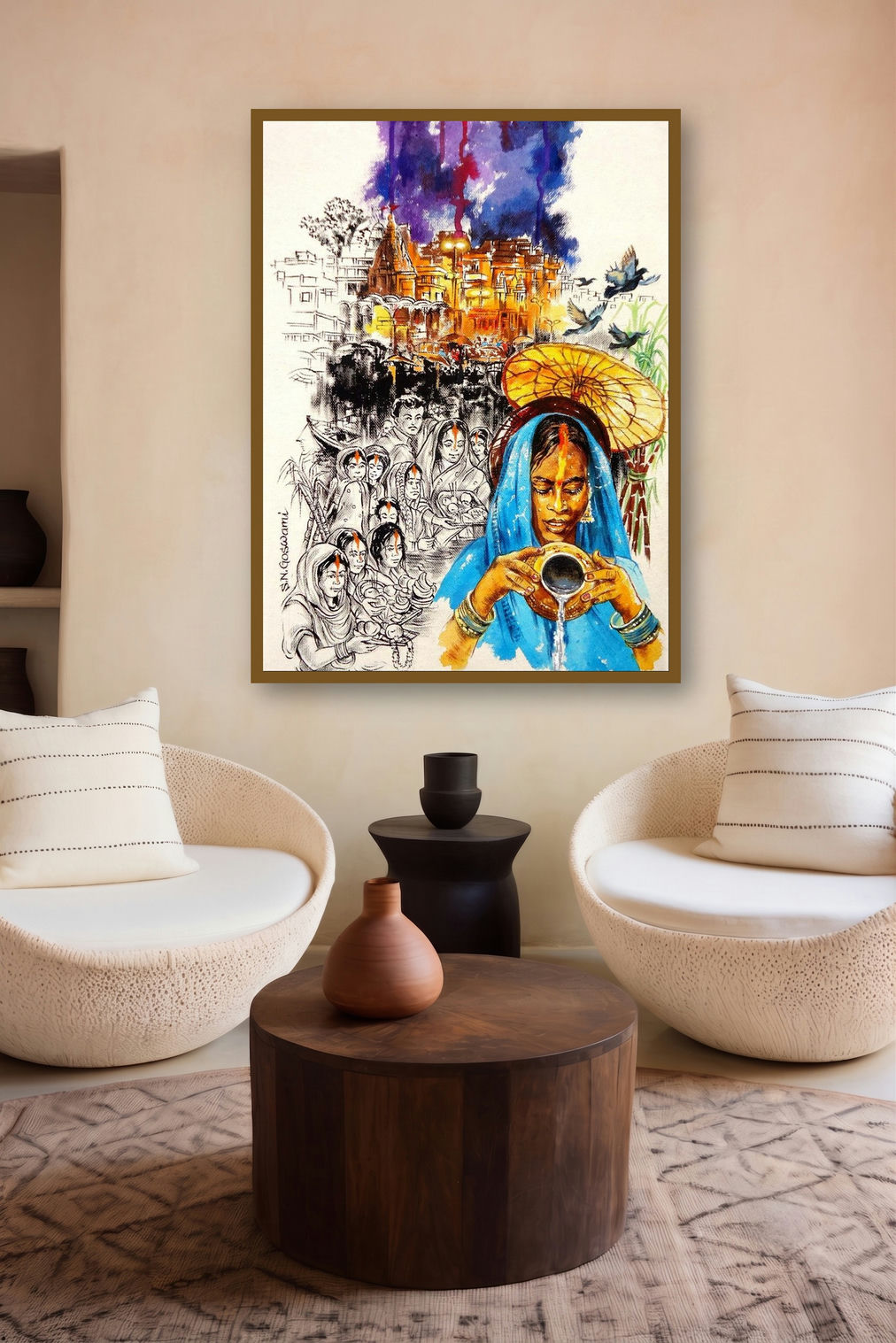 Chhath (Chhath Puja Celebration) by artist Shambhu Nath Goswami displayed in a Minimalist gallery