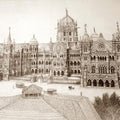 Cityscape ink drawing titled 'Chhatrapati Shivaji Terminus (VT)', 24x30 inches, by artist Aman A on Canvas