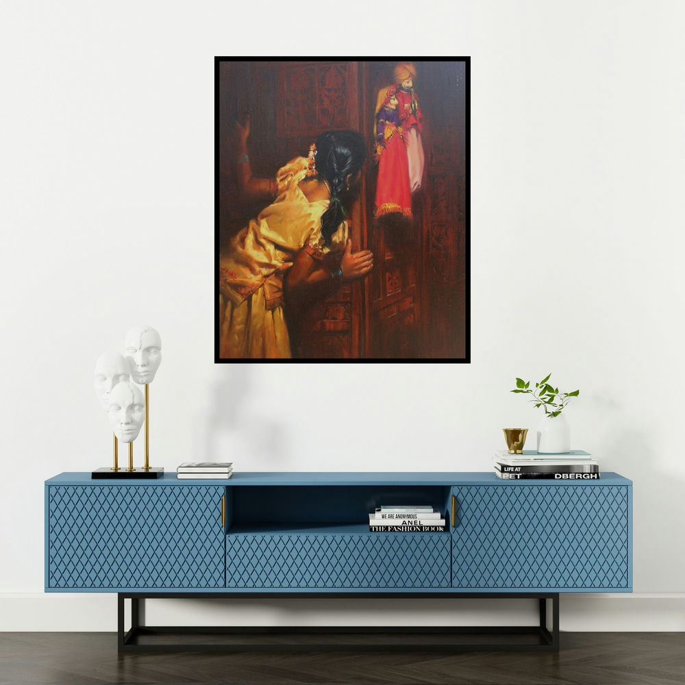 Vijay Jadhav's 'Child Hood Fantacy 1 (Whimsical Dreams)' painting visualized above a sofa in a contemporary room.