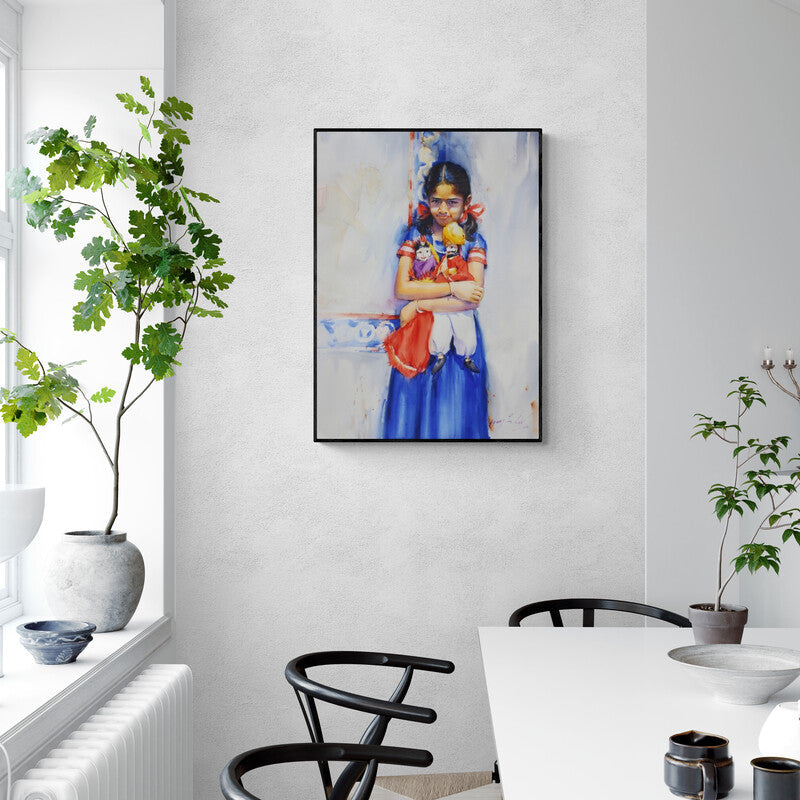 Vijay Jadhav's painting 'Child Hood Fantacy 2' displayed in a modern living room setting