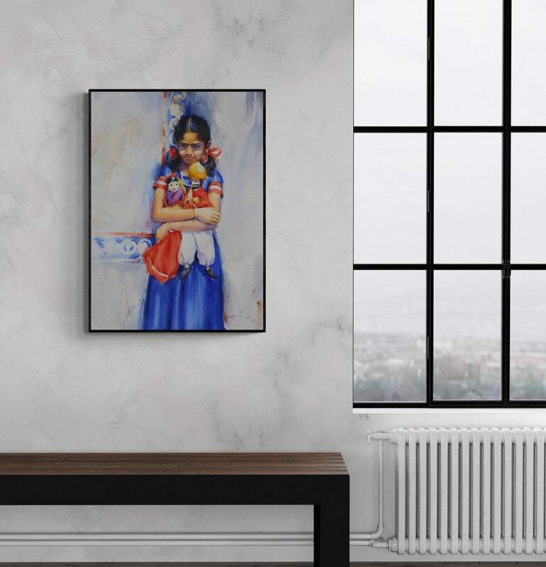 Vijay Jadhav's 'Child Hood Fantacy 2' Painting visualized above a sofa in a contemporary room