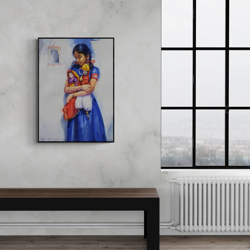 Preview of 'Child Hood Fantacy 3' Painting by Vijay Jadhav shown on a wall in a furnished room.