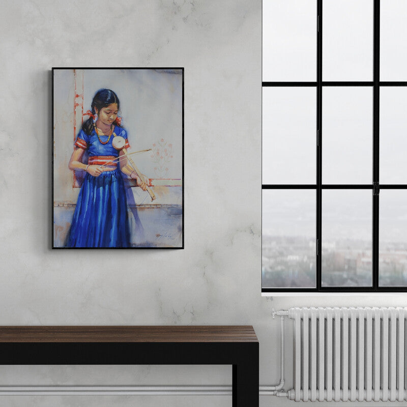 Preview of 'Child Hood Fantacy 3 (Child Hood Fantacy)' Painting by Vijay Jadhav shown on a wall in a furnished room.
