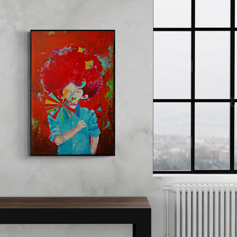 Preview of 'The Childhood 10' Painting by Shiv Kumar Soni shown on a wall in a furnished room.
