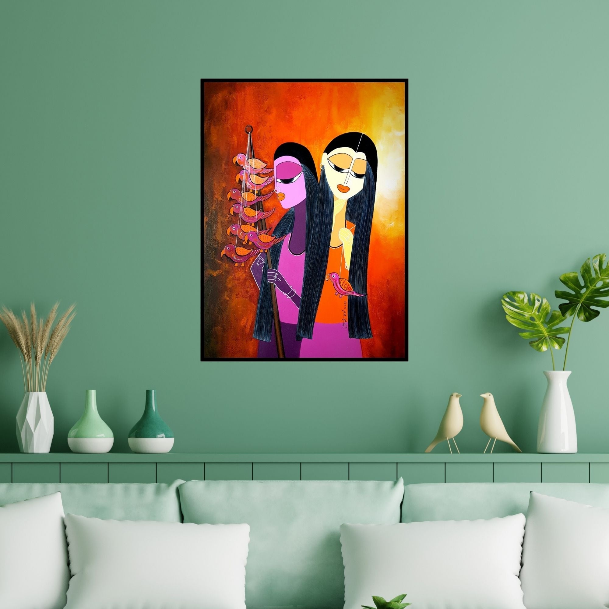 Preview of 'Childhood (Two Women with Birds)' Painting by Rangoli Garg shown on a wall in a furnished room.