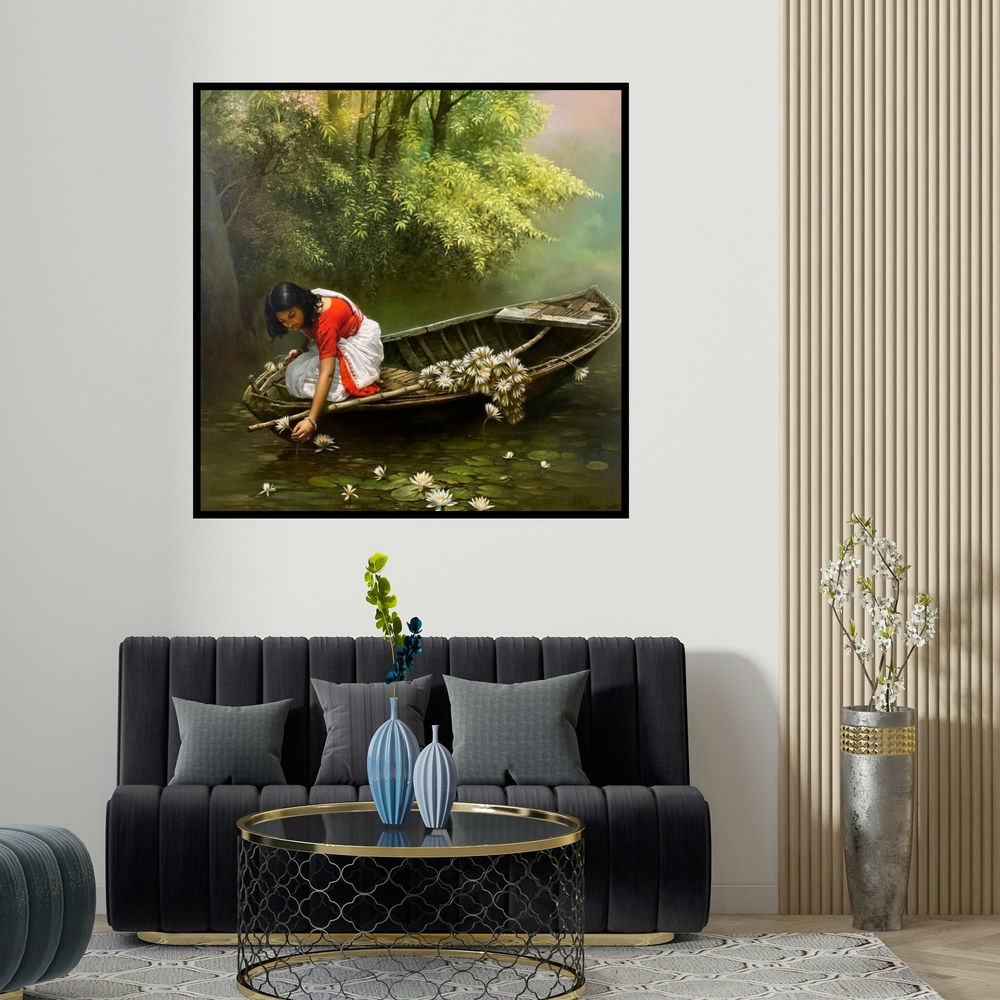 Amit Bhar's 'Childhood (Divine Melody)' painting visualized above a sofa in a contemporary room.