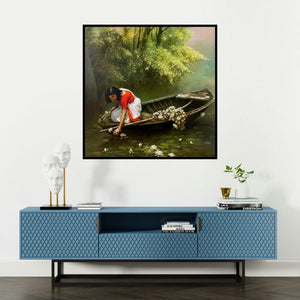 'Childhood (Divine Melody)' painting by Amit Bhar shown on a wall in a furnished room.