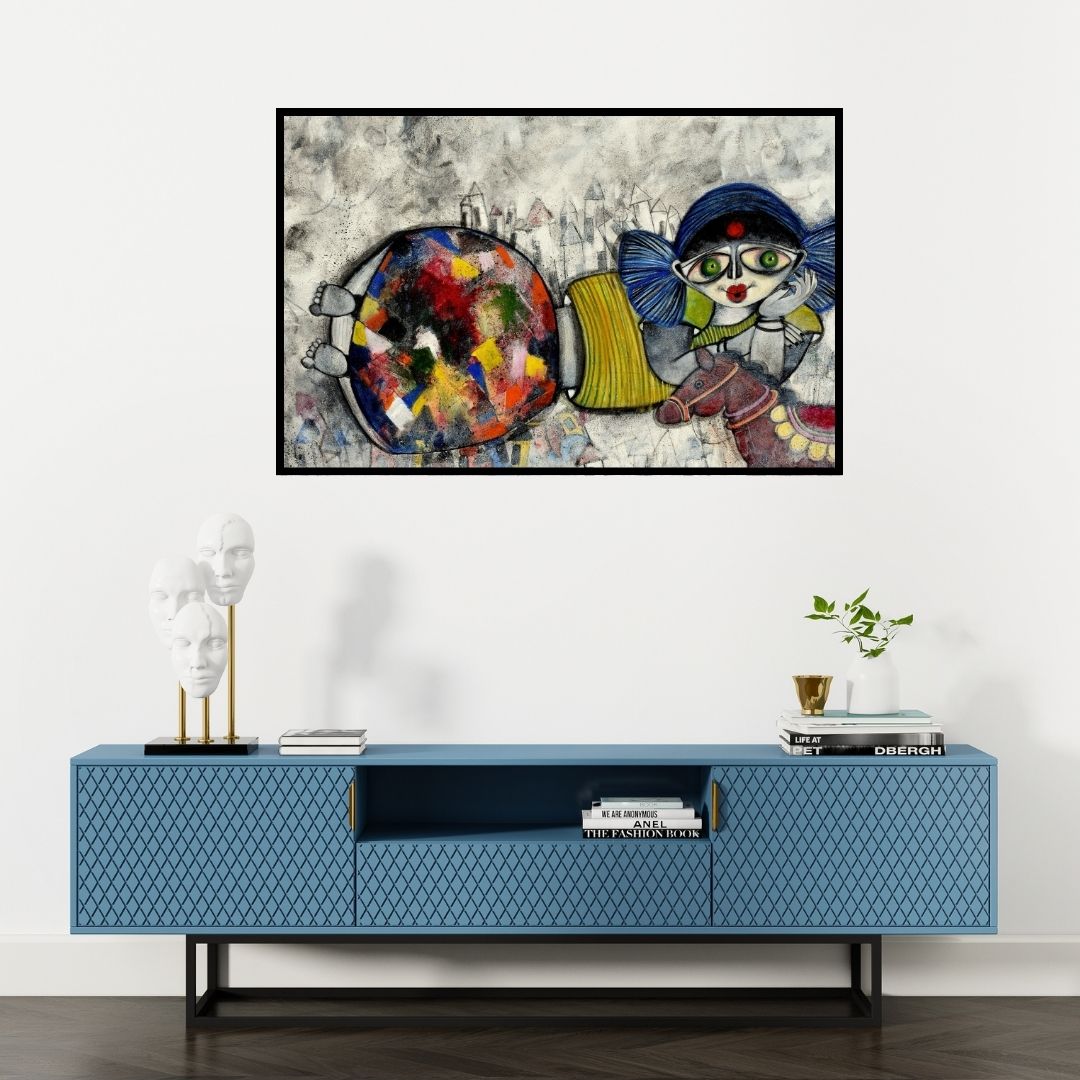 Preview of 'Childhood' Painting by Sharmi Dey shown on a wall in a furnished room.