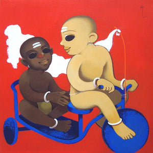 Childhood by Prakash Pore, Original Acrylic Figurative Painting on Canvas, Medium Square Wall Art