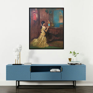 Vijay Jadhav's 'Childhood Fantasty (Girl With Dolls)' painting visualized above a sofa in a contemporary room.