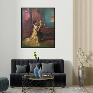 'Childhood Fantasty (Girl With Dolls)' painting by Vijay Jadhav shown on a wall in a furnished room.