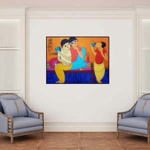 'Childhood Fun' painting by Dnyaneshwar Bembade shown on a wall in a furnished room.