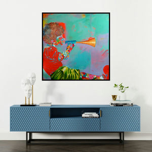 'The Childhood Iii' painting by Shiv Kumar Soni shown on a wall in a furnished room.