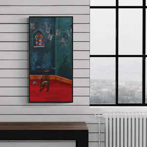 Preview of 'Childhood Memories (The Dreamer's Corner)' Painting by Isha Bawiskar shown on a wall in a furnished room.