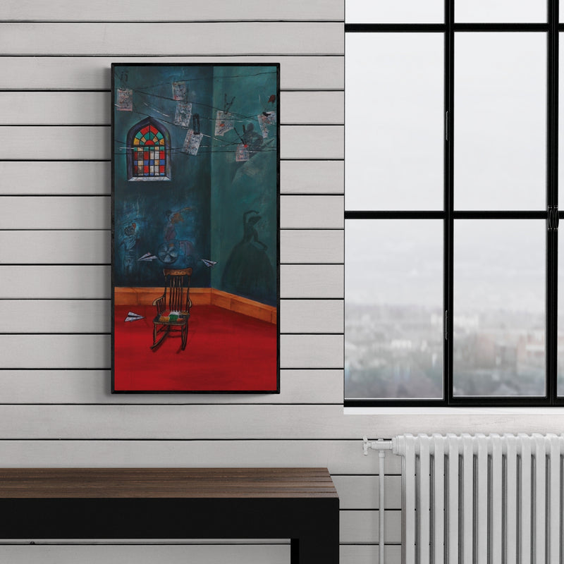 Preview of 'Childhood Memories (The Dreamer's Corner)' Painting by Isha Bawiskar shown on a wall in a furnished room.