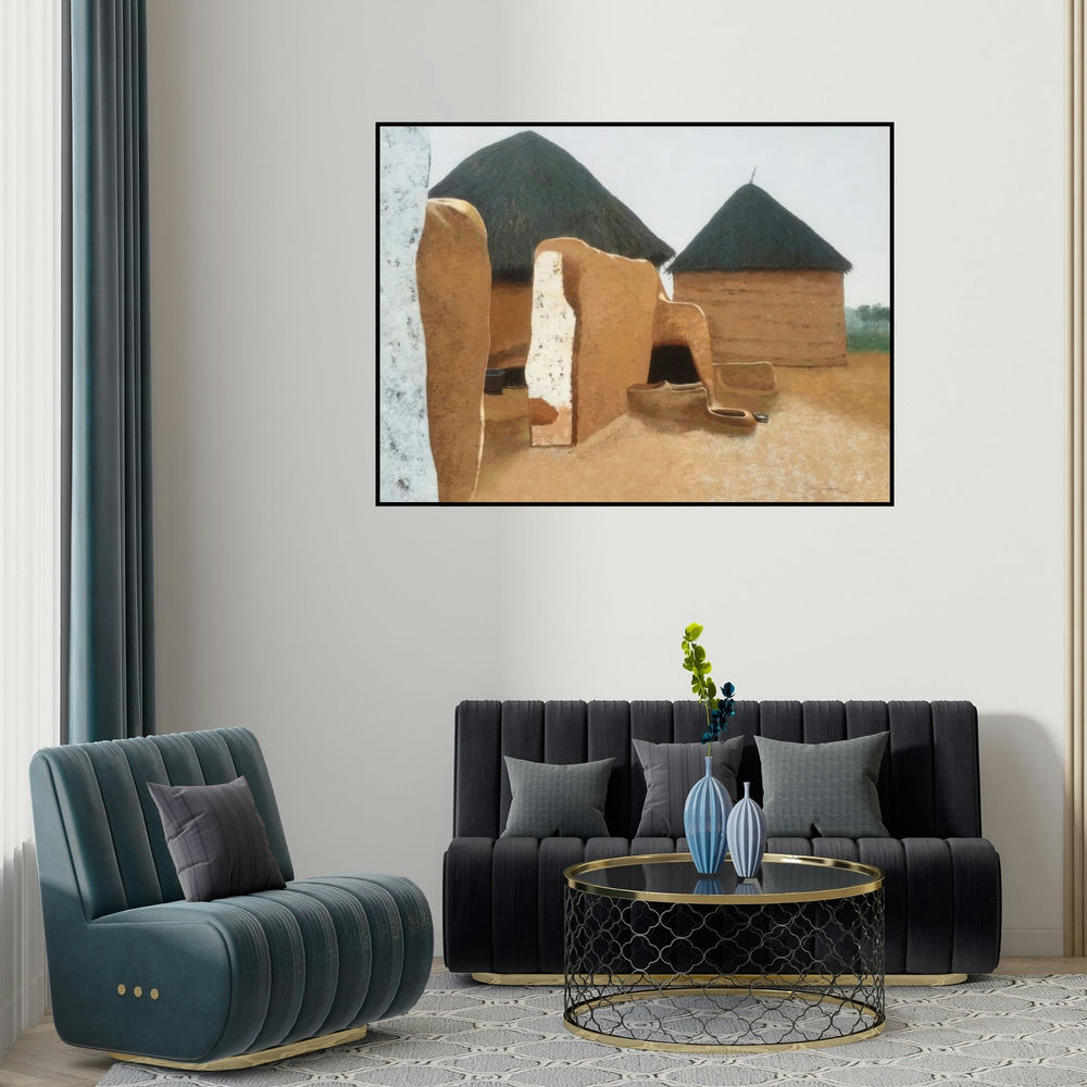 Sandeep Ghule's 'Childhood Memories 3 (Village Homes)' painting visualized above a sofa in a contemporary room.